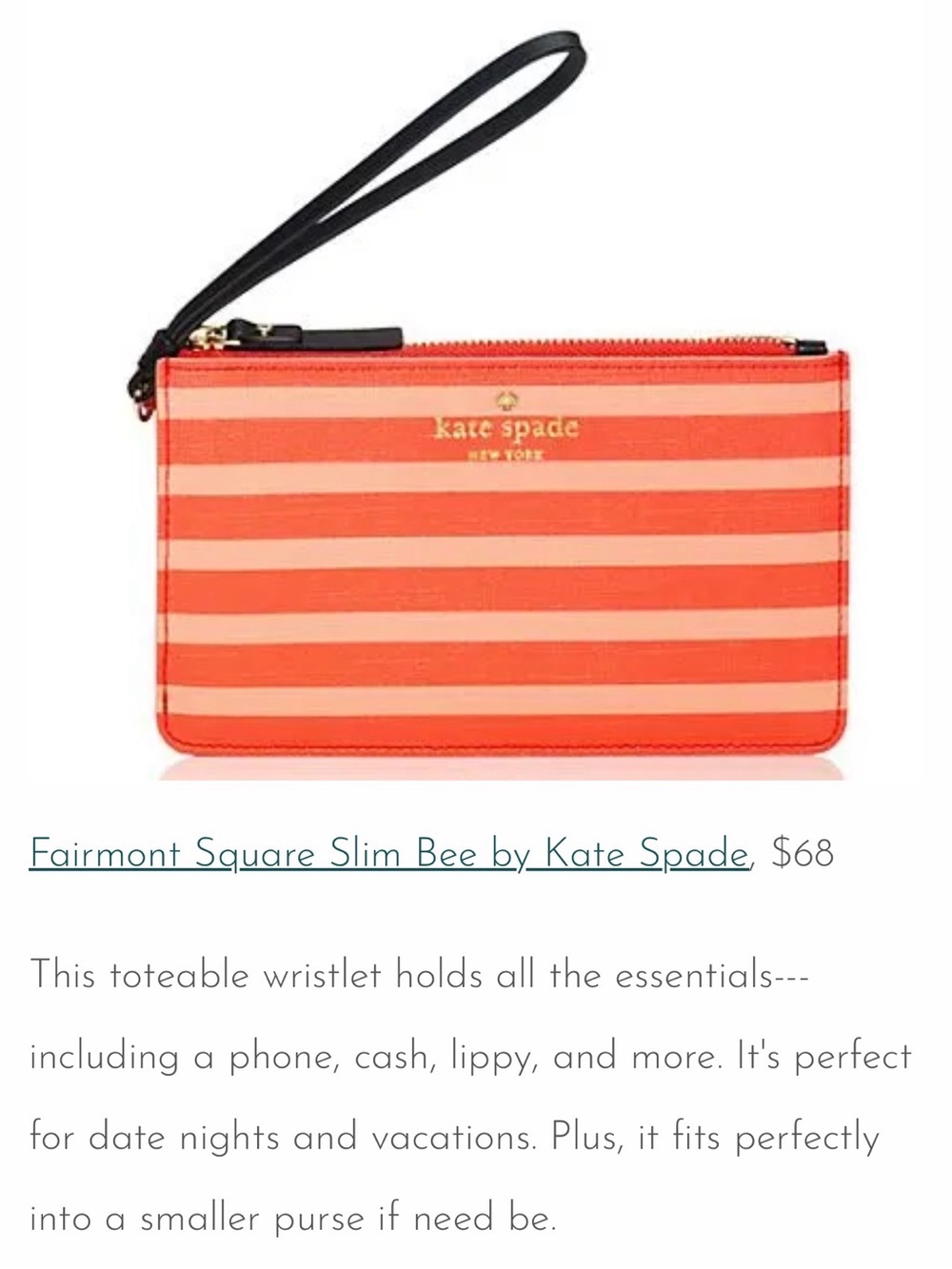 kate spade ♠️ Striped Fairmount Slim Bee Wristlet blk strap, gold, coral tones 🪸 - Picture 10 of 10